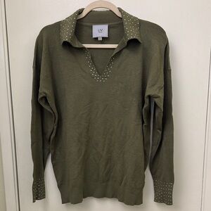 Liv Milano V-Neck Olive Sweater with Rhinestone Details Size Large